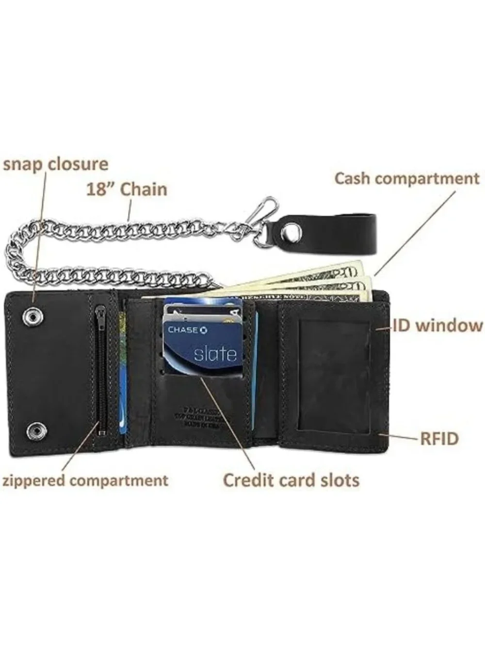 Vintage Biker Tri-fold Leather Wallet with RFID Blocking & Steel Chain, USA Made